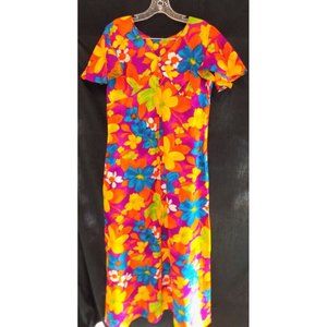 Hawaiian Dress Vibrant Colors Orange Blue Green Sz M Aloha Vtg MuuMuu